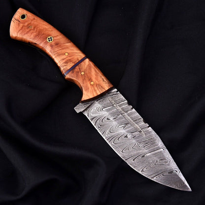 10.5" Custom Handmade Damascus Steel Tracker Knife – Full Tang Hunting, Camping & Survival Knife with Leather Sheath