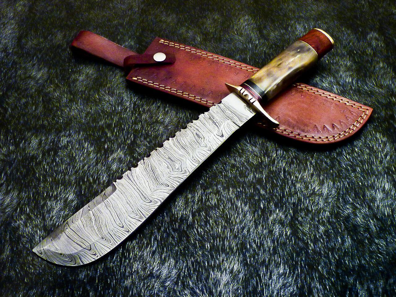 Authentic Hand Forged Damascus Bowie Hunting Knife – Stained Bone Handle, 15" Hunting Knife with Leather Sheath