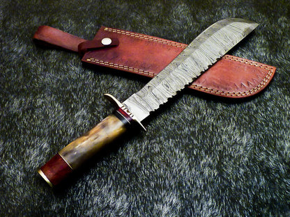 Authentic Hand Forged Damascus Bowie Hunting Knife – Stained Bone Handle, 15" Hunting Knife with Leather Sheath