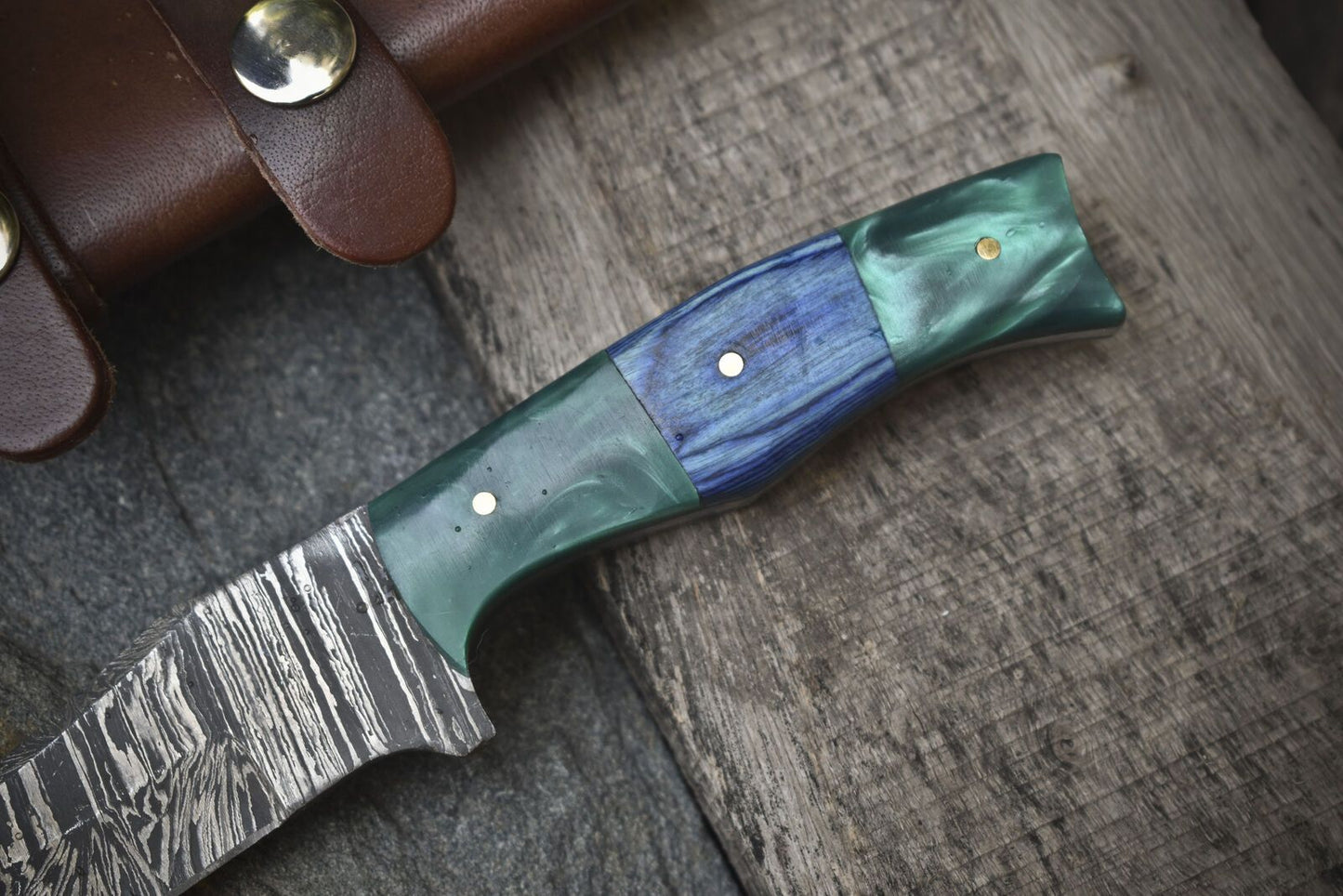 8" Custom Forged Twist Damascus Skinner Knife with Mixed Material Handle and Micarta Bolster – Handmade Gift Knife