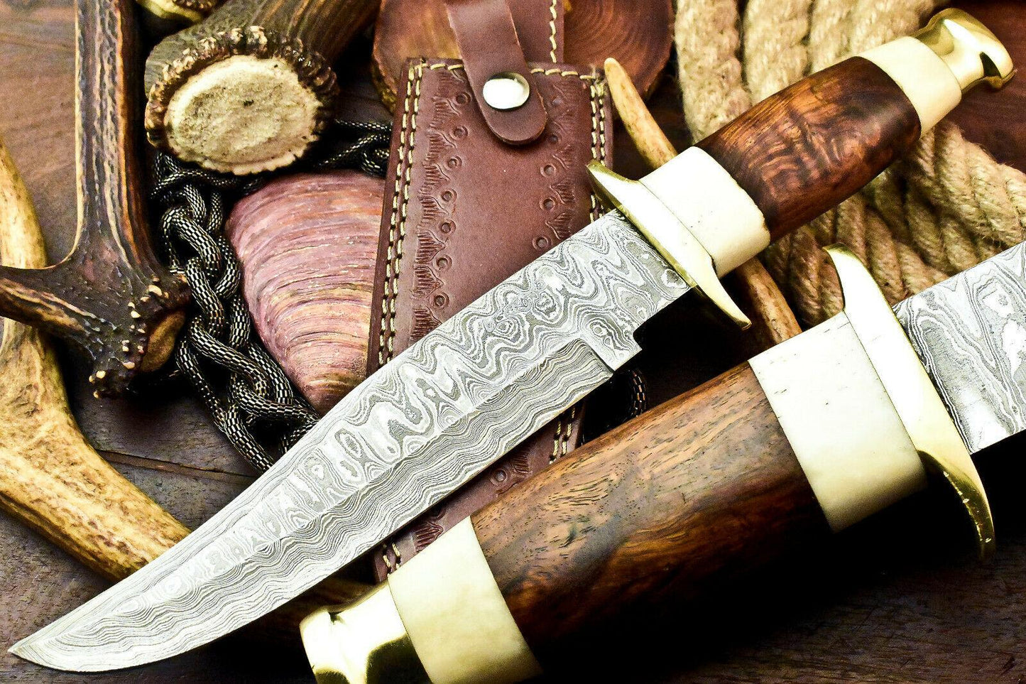 Custom Damascus Bowie Hunting Knife | Walnut Wood Handle, 8.5" Blade