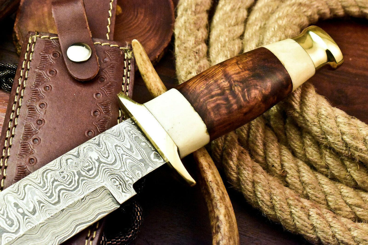 Custom Damascus Bowie Hunting Knife | Walnut Wood Handle, 8.5" Blade