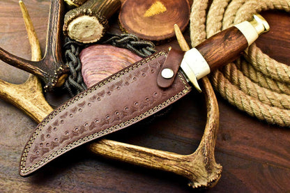 Custom Damascus Bowie Hunting Knife | Walnut Wood Handle, 8.5" Blade