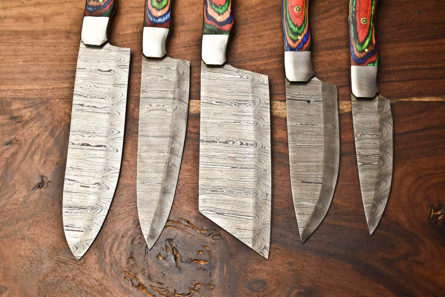Set of 5 Handmade Hammered Damascus Steel Chef Knives – 10" to 13" Full Tang Kitchen Blades