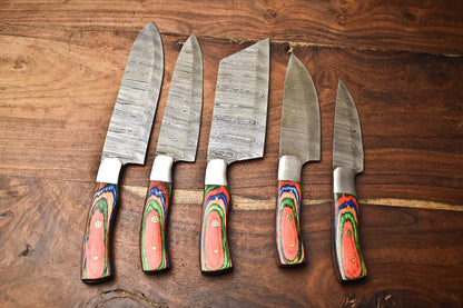 Set of 5 Handmade Hammered Damascus Steel Chef Knives – 10" to 13" Full Tang Kitchen Blades