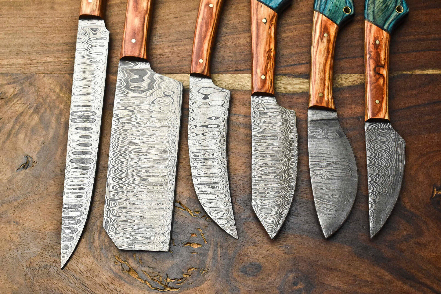 Lot of 6 Handmade Damascus Steel Blade Chef Knife Set – Forged Professional Kitchen Knives
