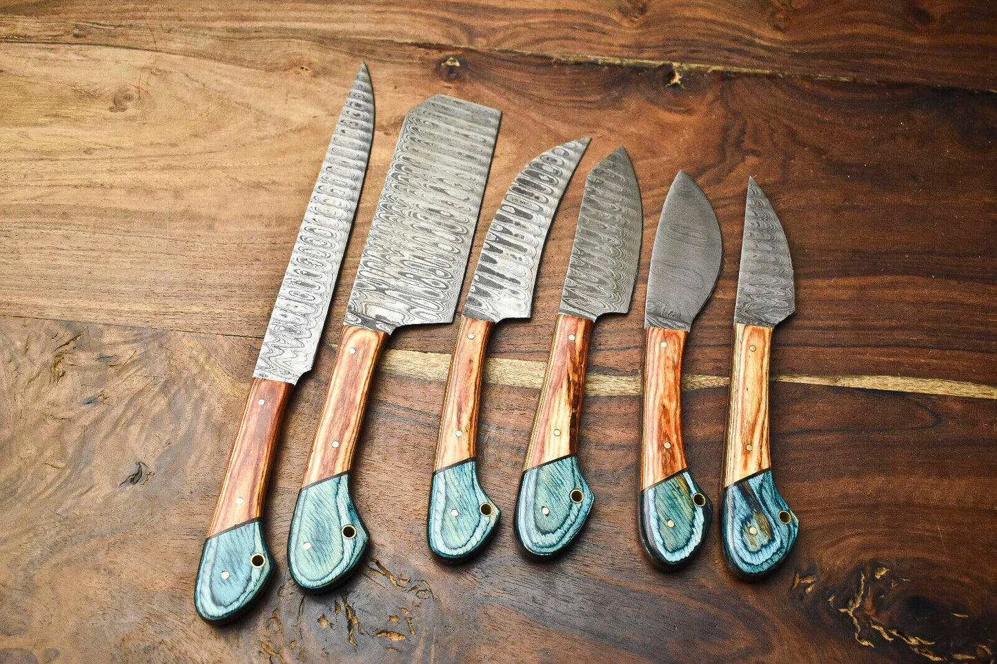 Lot of 6 Handmade Damascus Steel Blade Chef Knife Set – Forged Professional Kitchen Knives