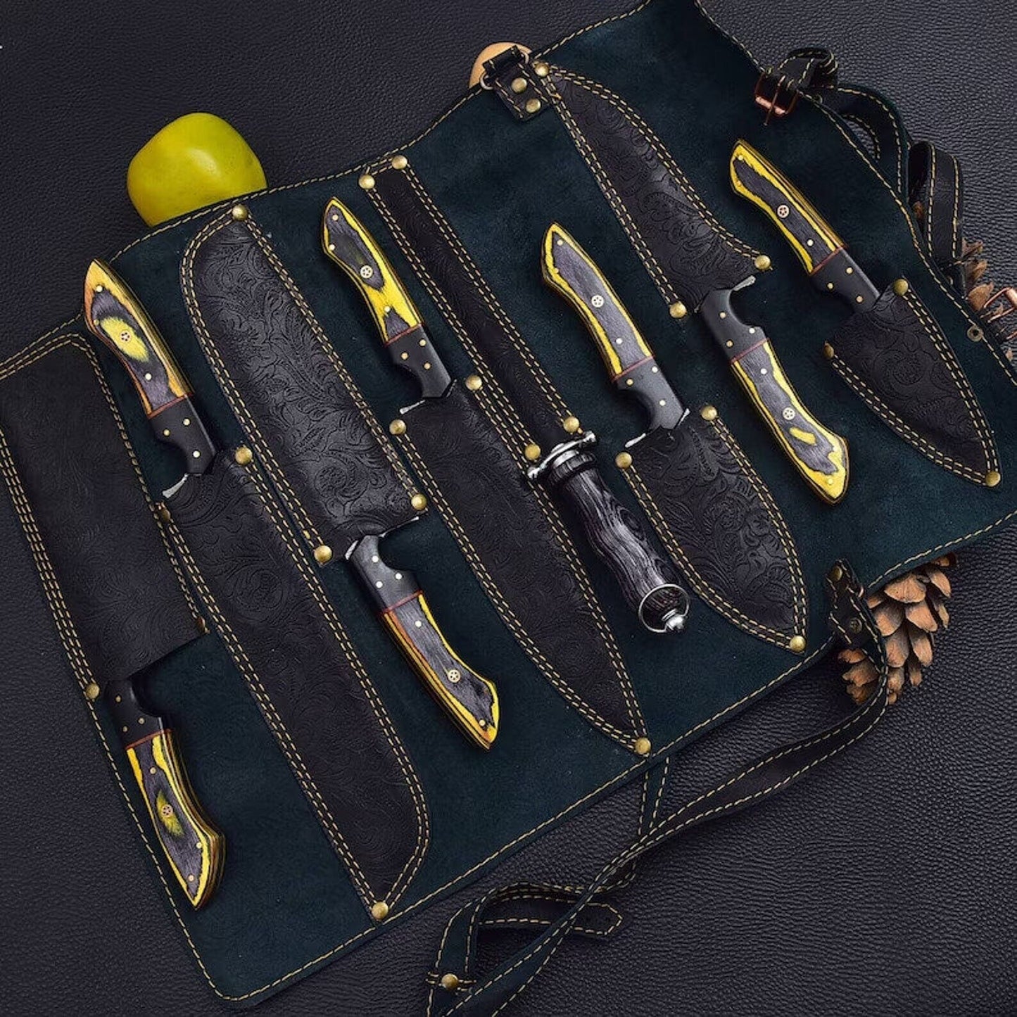 8-Piece Handmade Damascus Steel Chef Knife Set with Leather Roll Bag | Professional Kitchen Knives