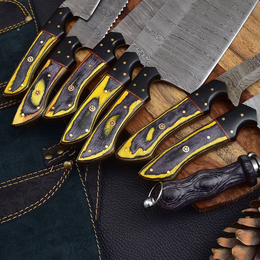 8-Piece Handmade Damascus Steel Chef Knife Set with Leather Roll Bag | Professional Kitchen Knives