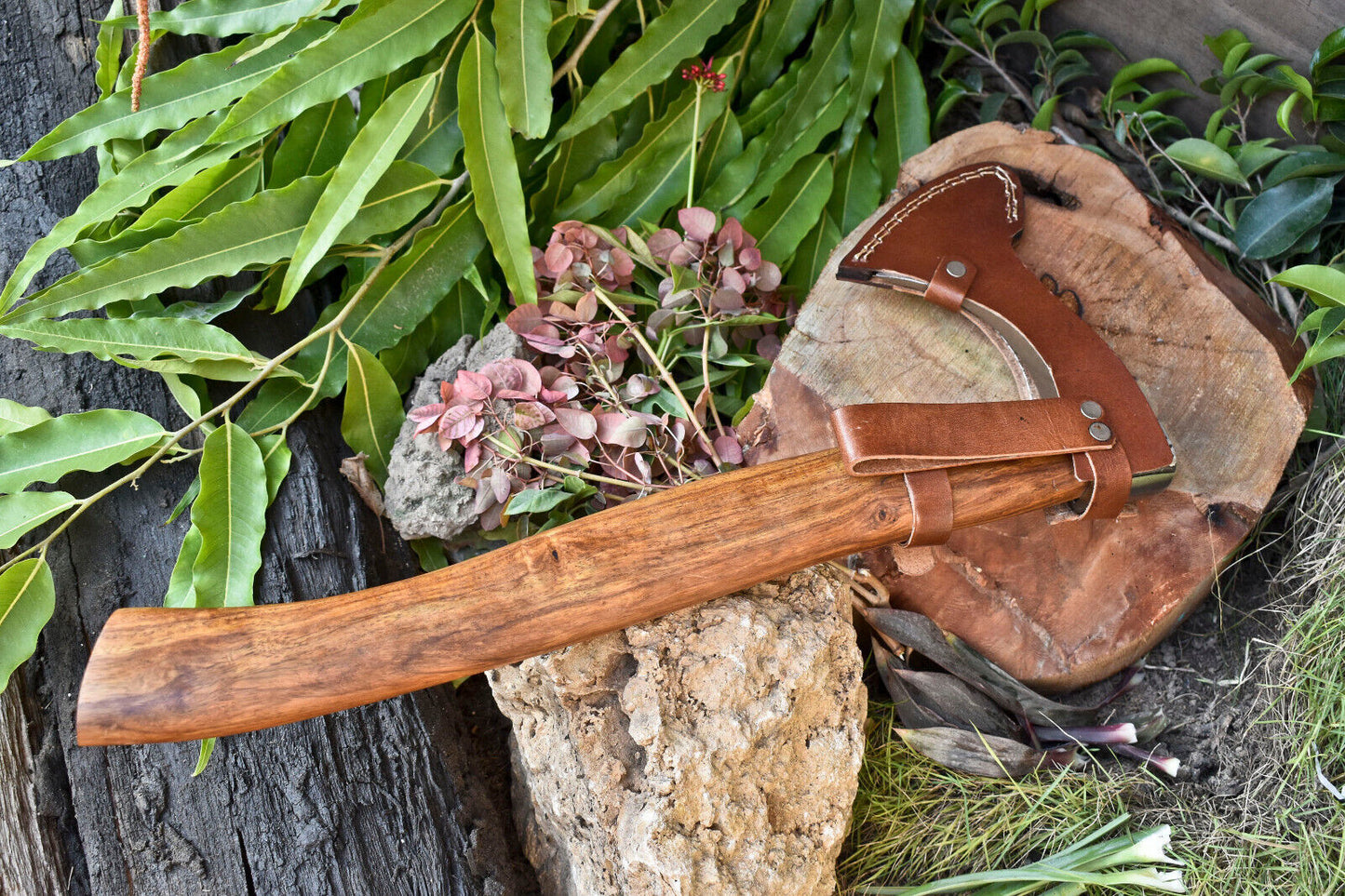 Handmade High Carbon Steel Vikings Axe – Etched Blade with Walnut Wood Handle & Leather Wrap