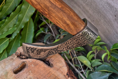 Handmade High Carbon Steel Vikings Axe – Etched Blade with Walnut Wood Handle & Leather Wrap