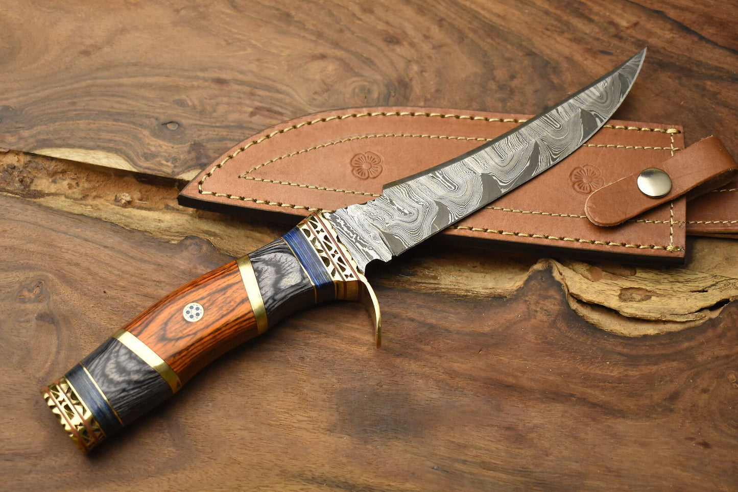 Tactical Damascus Steel Bowie Knife with Hardwood Handle and Brass Guard