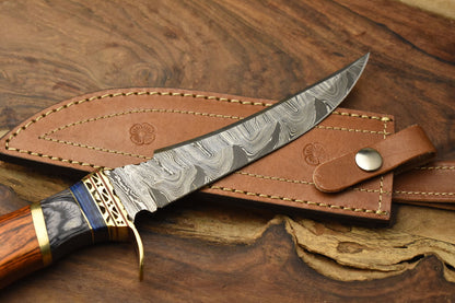 Tactical Damascus Steel Bowie Knife with Hardwood Handle and Brass Guard