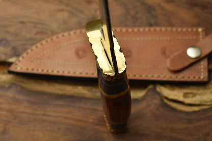Tactical Damascus Steel Bowie Knife with Hardwood Handle and Brass Guard