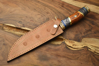 Tactical Damascus Steel Bowie Knife with Hardwood Handle and Brass Guard