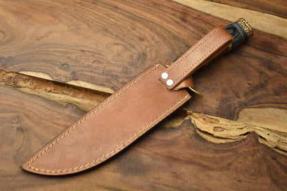 Tactical Damascus Steel Bowie Knife with Hardwood Handle and Brass Guard