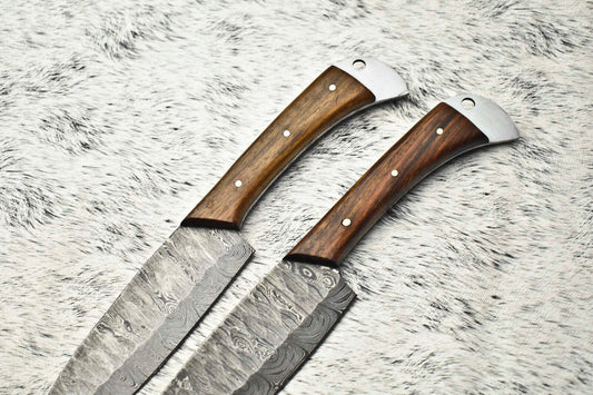 Set of 2 Handmade Damascus Steel Chef Knives – Full Tang, Artisan Forged Cutlery