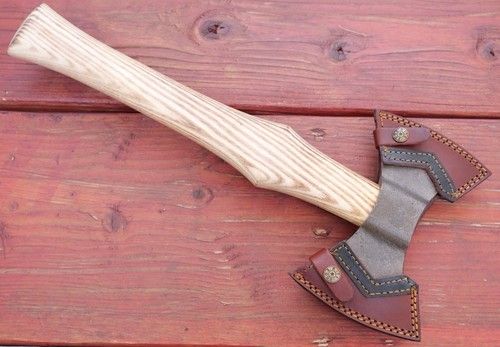 18" Custom Handmade Carbon Steel Viking Double Blade Axe with Hardwood Handle and Leather Sheath