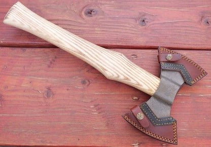 18" Custom Handmade Carbon Steel Viking Double Blade Axe with Hardwood Handle and Leather Sheath