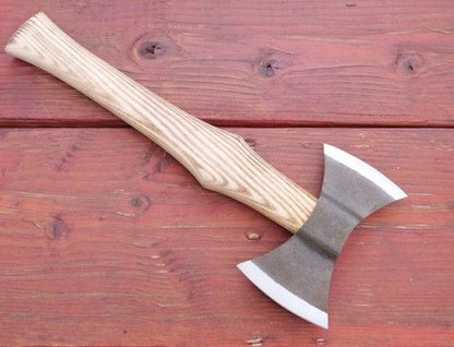 18" Custom Handmade Carbon Steel Viking Double Blade Axe with Hardwood Handle and Leather Sheath