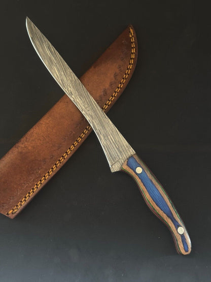 12" Hand Forged Damascus Steel Kitchen Fillet Knife With Pakka Wood Handle