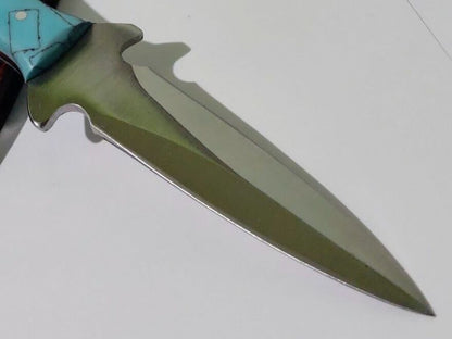 7" Full Tang Skinner Dagger Hunting Bowie Knife 440 Stainless Steel Blue Turquoise Handle with Leather Sheath