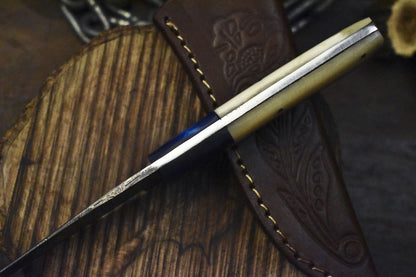 Hand Forged Damascus Skinner Knife 8" Twist Pattern Bone and Wood Handle EDC