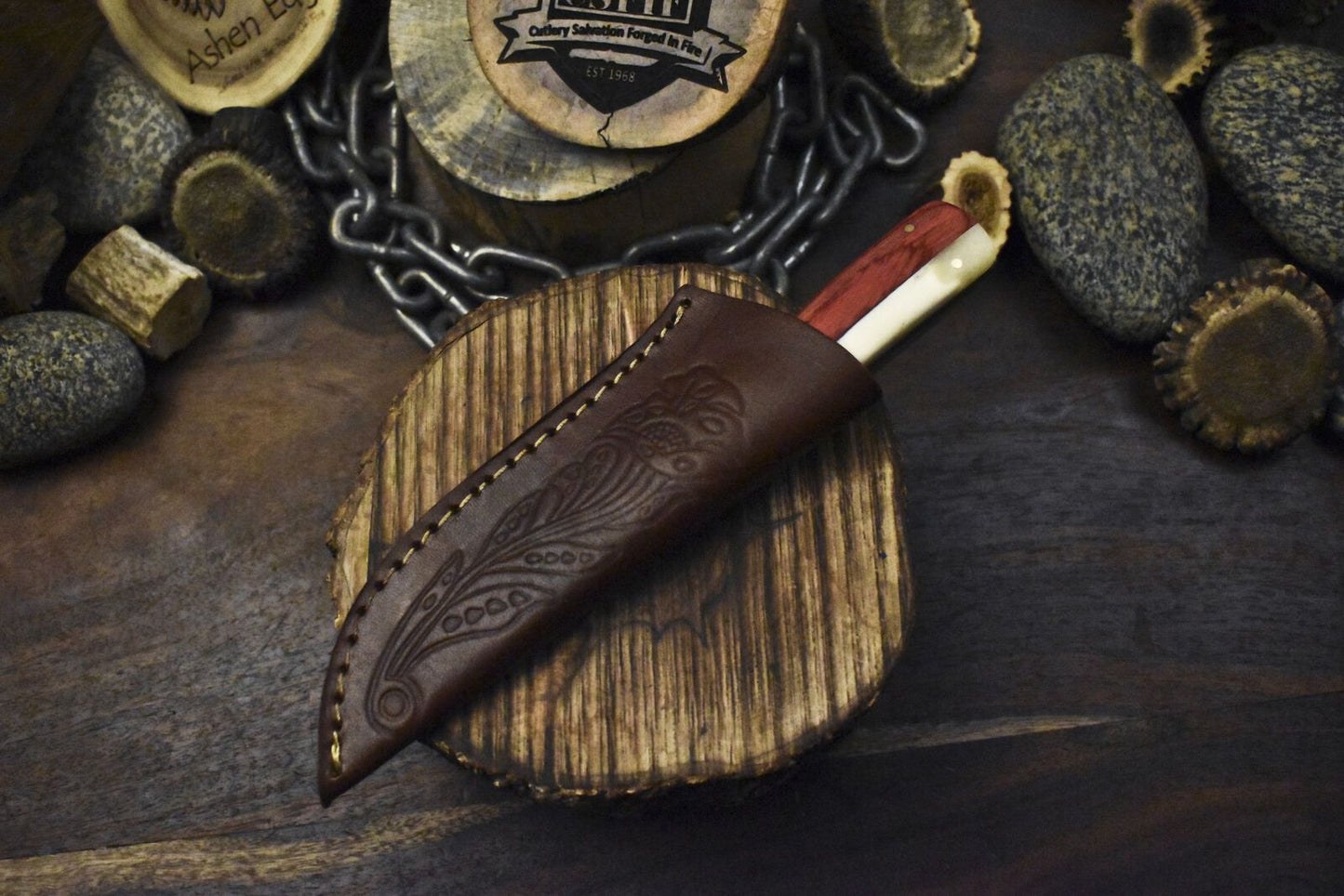 Hand Forged Damascus Skinner Knife 8" Twist Pattern Bone and Wood Handle EDC
