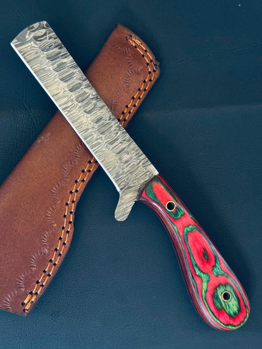 12" Cowboy Bull Cutter Knife Fire Storm Damascus Steel Bull Cutter Knife With Wood Handle