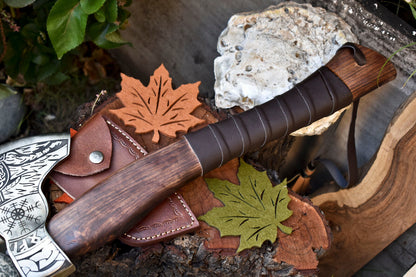Hand-Forged Viking Axe | High Carbon Steel Etched Blade with Leather Wrapped Handle