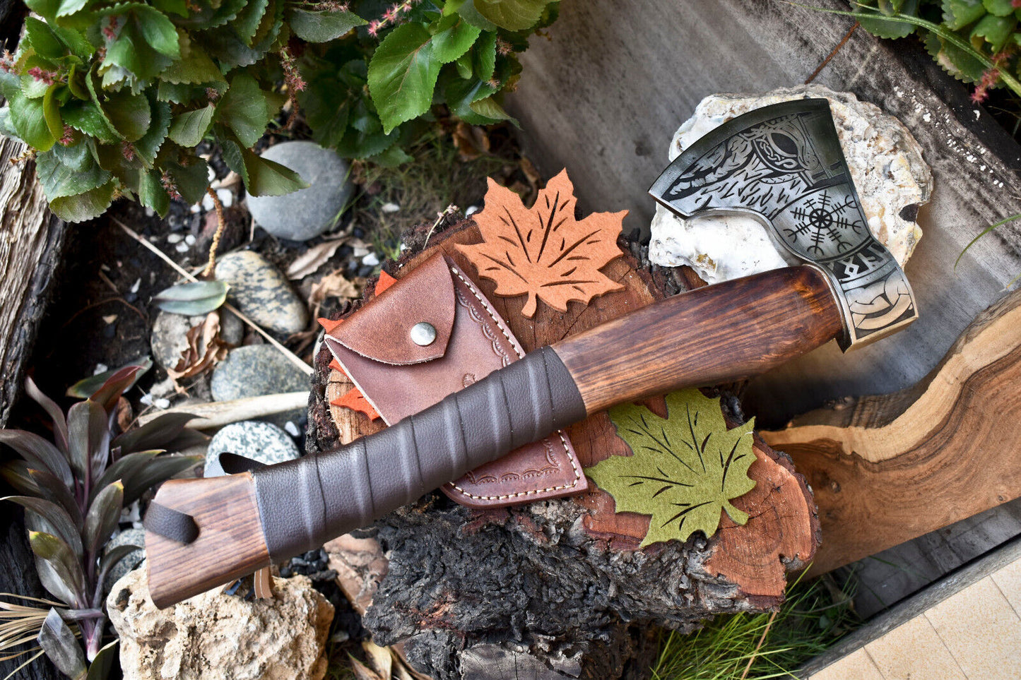 Hand-Forged Viking Axe | High Carbon Steel Etched Blade with Leather Wrapped Handle