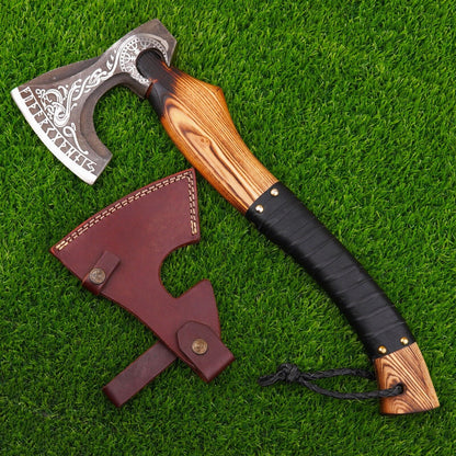 Custom Hand Forged Steel Viking Bearded Camping Hatchet Tomahawk Axe with Leather Sheath