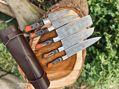 Damascus Kitchen Knife Set – Handmade 5-Piece Chef Set with Wood Handles & Leather Roll Bag