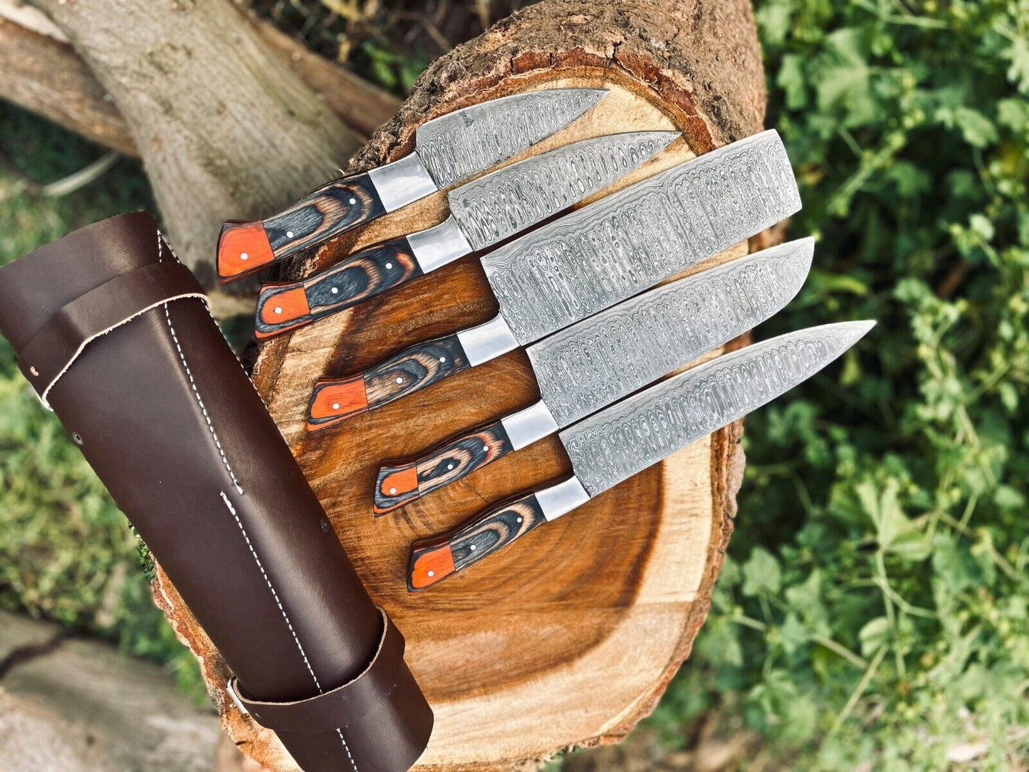 Damascus Kitchen Knife Set – Handmade 5-Piece Chef Set with Wood Handles & Leather Roll Bag