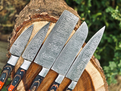 Damascus Kitchen Knife Set – Handmade 5-Piece Chef Set with Wood Handles & Leather Roll Bag