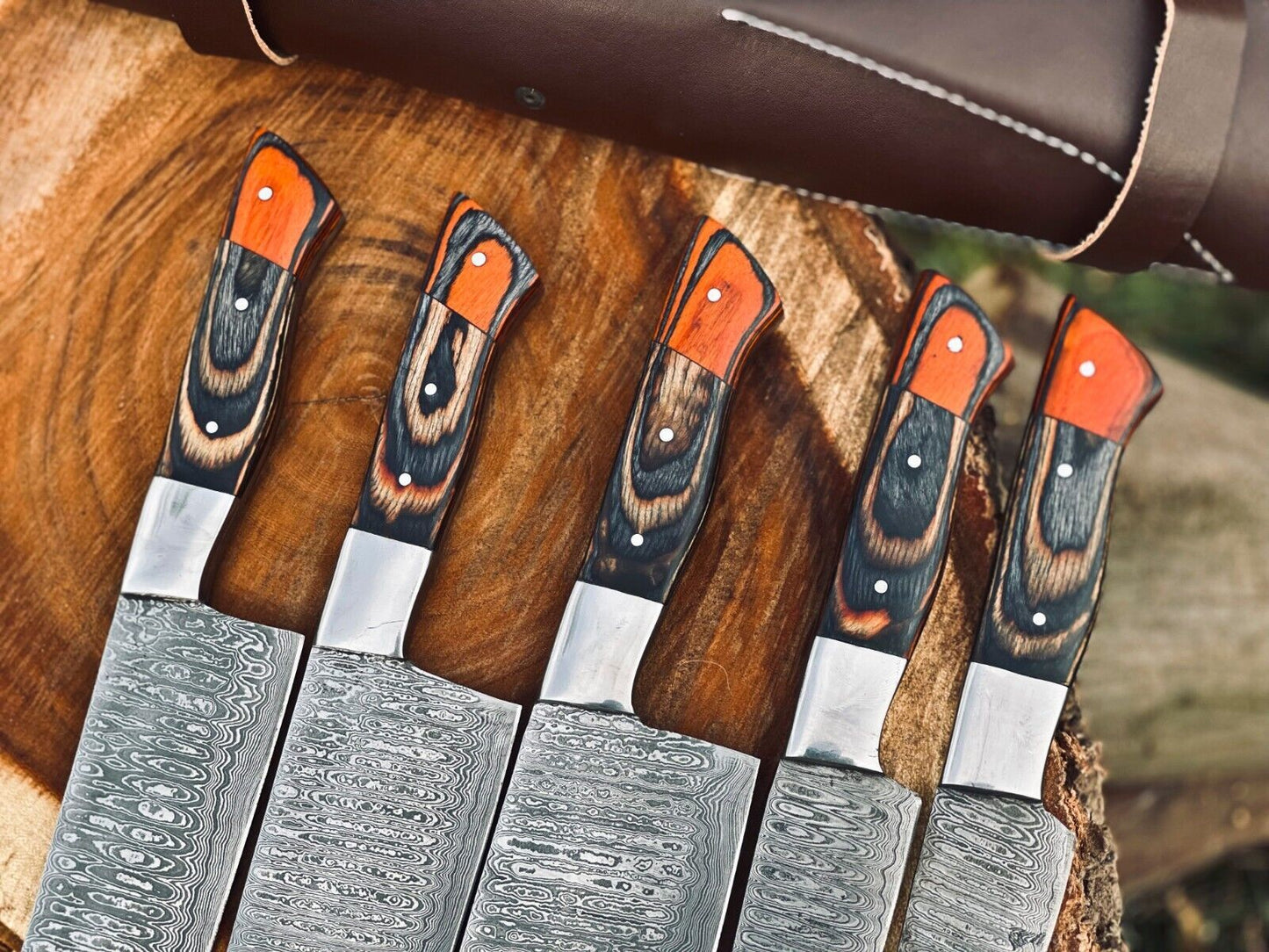 Damascus Kitchen Knife Set – Handmade 5-Piece Chef Set with Wood Handles & Leather Roll Bag