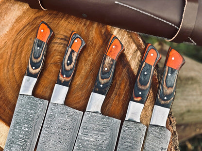 Damascus Kitchen Knife Set – Handmade 5-Piece Chef Set with Wood Handles & Leather Roll Bag