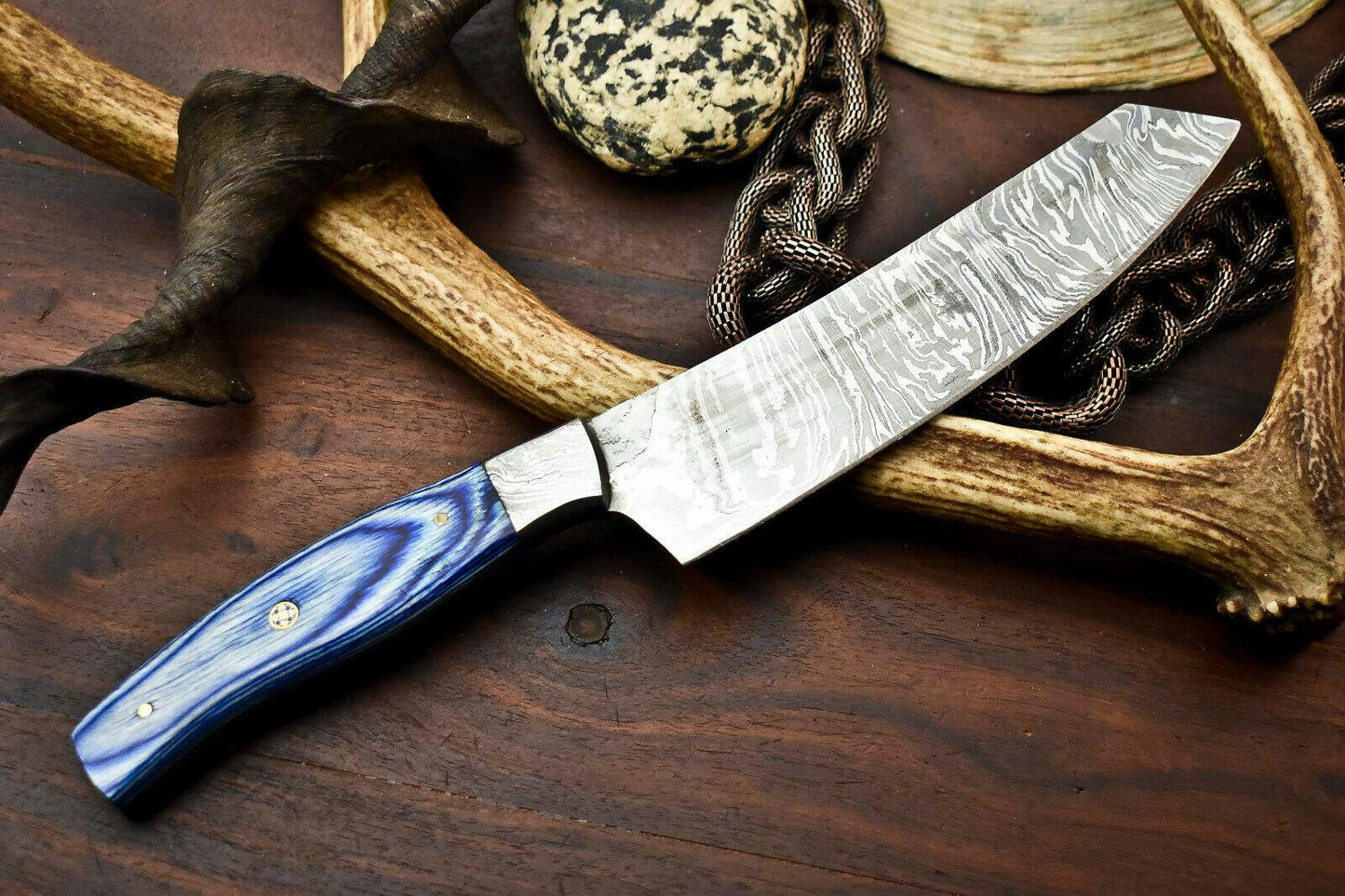 Gorgeous Handmade Damascus Steel Chef Hunting Knife | 12" Overall, 7" Blade, 5" Hardwood Handle, Full TangGorgeous Handmade Damascus Steel Chef Hunting Knife | 12" Overall, 7" Blade, 5" Hardwood Handle, Full Tang