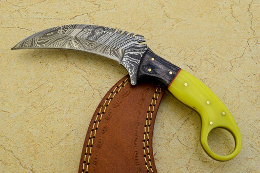 9" Handmade Damascus Karambit Best Karambit Damascus Steel Knife With Wood and Resin Handle