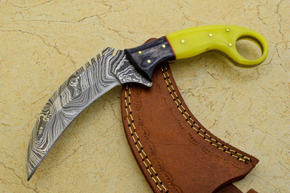 9" Handmade Damascus Karambit Best Karambit Damascus Steel Knife With Wood and Resin Handle
