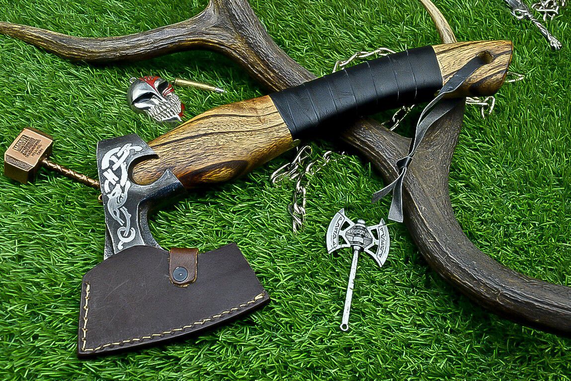 Handcrafted Viking Tomahawk Axe – Carbon Steel Blade with Rosewood Handle and Leather Sheath, 12 Inch