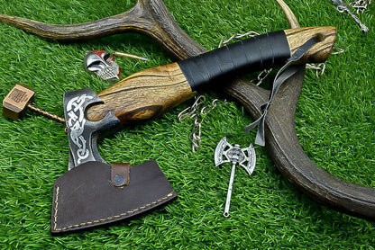 Handcrafted Viking Tomahawk Axe – Carbon Steel Blade with Rosewood Handle and Leather Sheath, 12 Inch