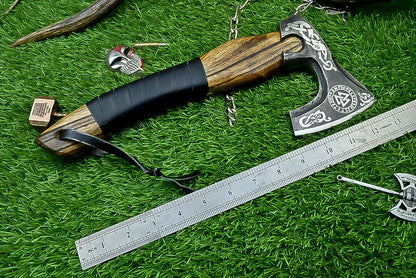 Handcrafted Viking Tomahawk Axe – Carbon Steel Blade with Rosewood Handle and Leather Sheath, 12 Inch