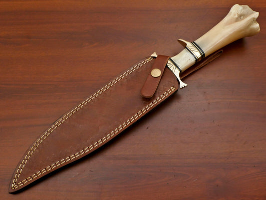 Damascus Bowie Knife – 16" Handmade Sub-Hilt Hunting Blade with Camel Bone Handle & Brass Guard
