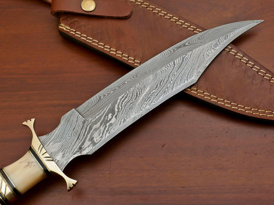 16" Damascus Bowie Knife Damascus Steel Knife with Camel Bone Handle & Leather Sheath
