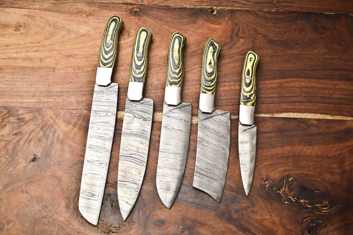 Handmade 5-Piece Damascus Steel Chef Knife Set – Hammered Professional Kitchen Knives