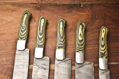 Handmade 5-Piece Damascus Steel Chef Knife Set – Hammered Professional Kitchen Knives