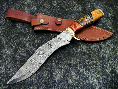 A 14.5" Hand-Forged Damascus Hunting Bowie with Hardwood Grip