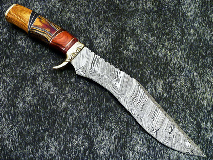 A 14.5" Hand-Forged Damascus Hunting Bowie with Hardwood Grip