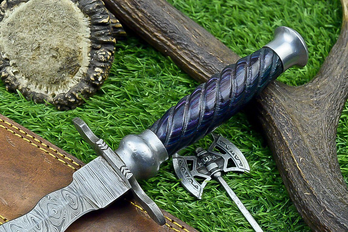 15" Damascus Steel Kris Bowie Knife | Wood Handle & Sheath